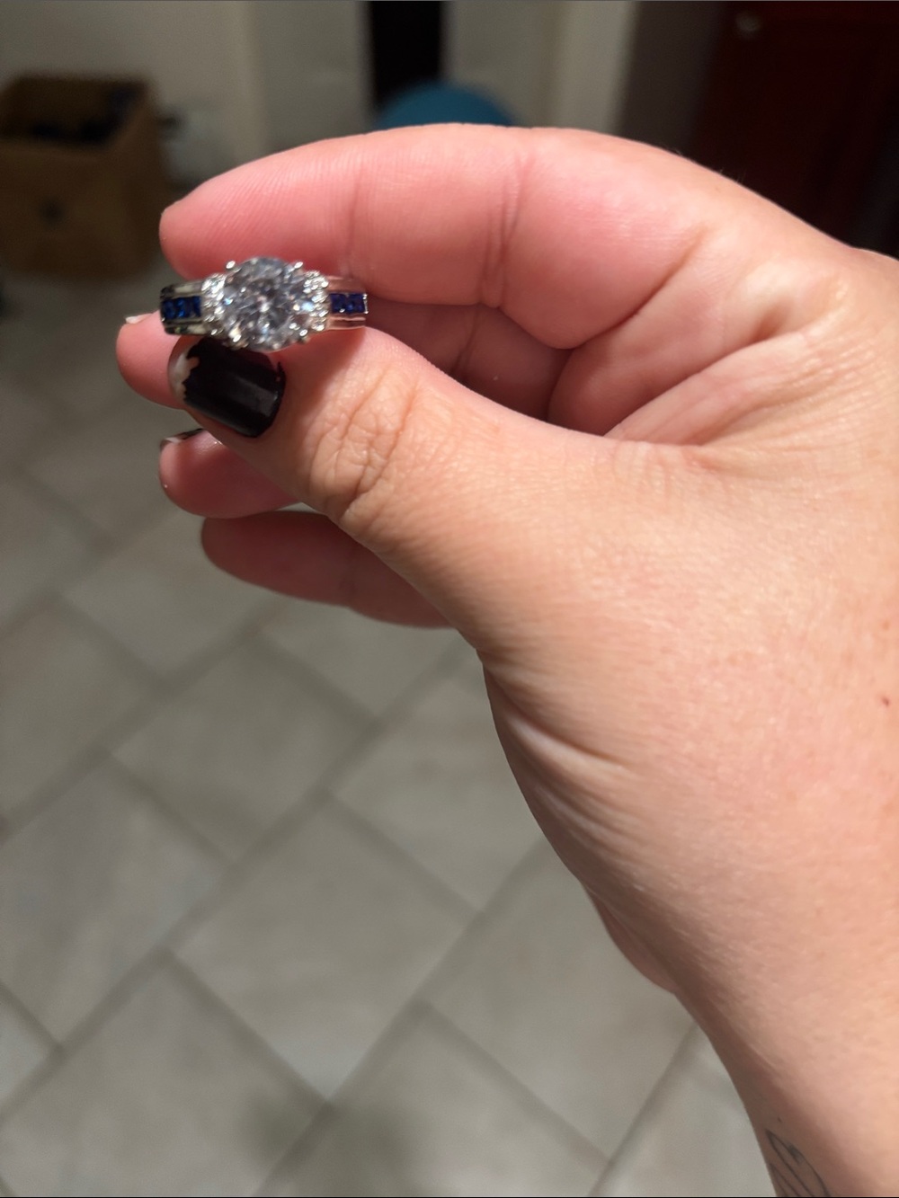 Blue Sapphire Accent Halo Diamond Ring - Women Jewelry